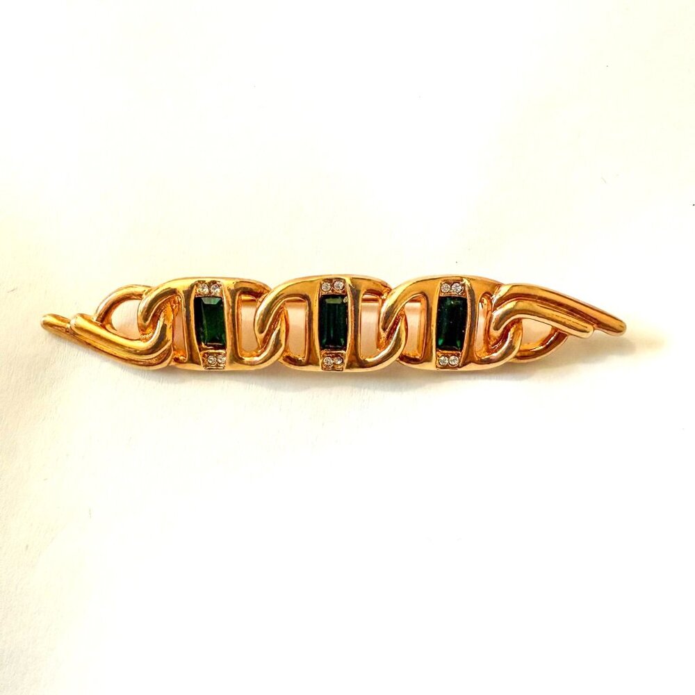 Swarovski Gold Tone Chain Link Brooch With Green Baguette Crystals & Clear Accen